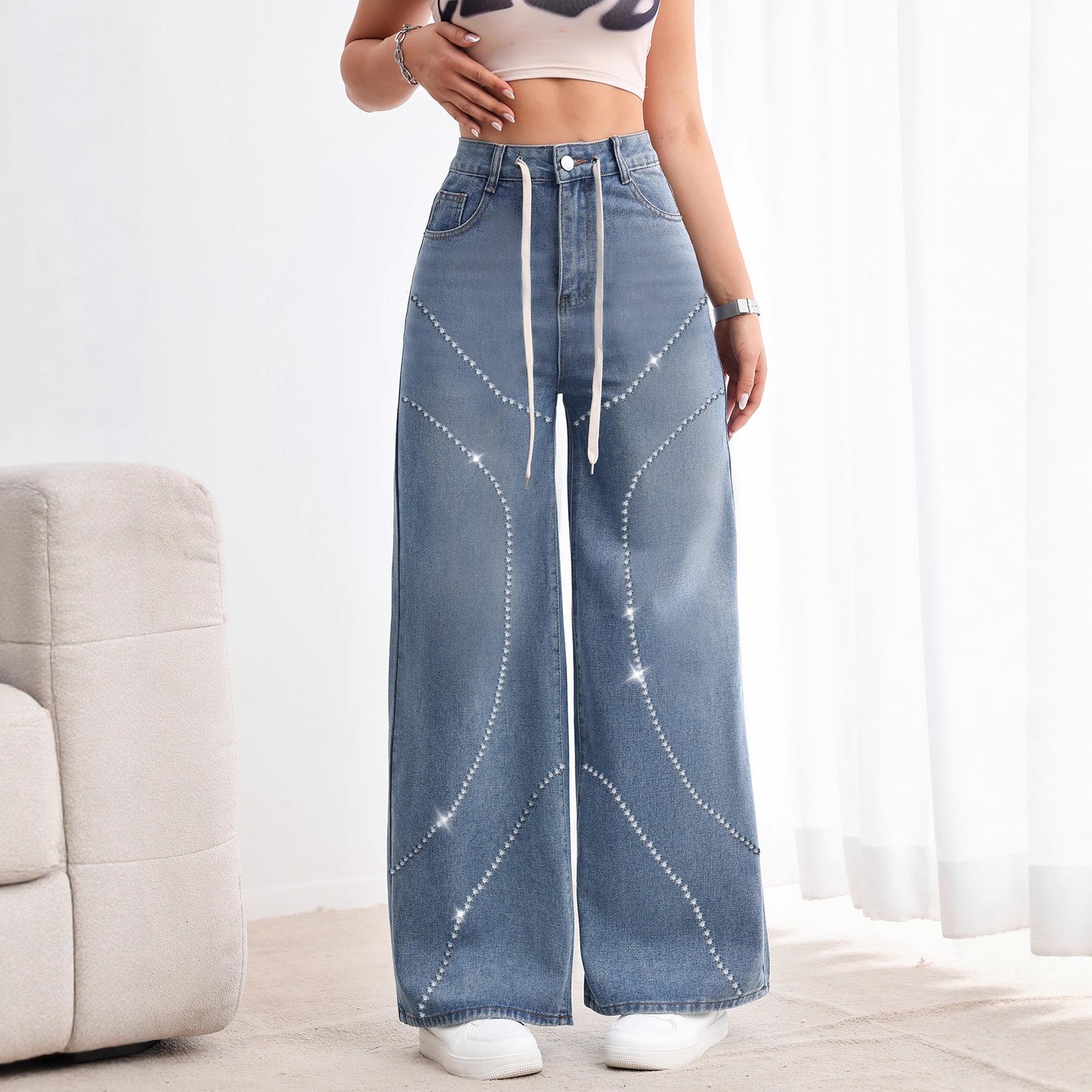 High Rise Cotton Denim Trousers