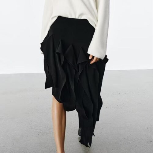 Asymmetric Ruffle Midi Skirt