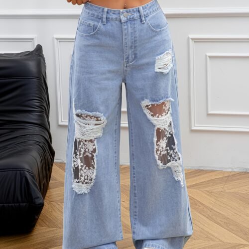 Lace Trim Wide Leg Jeans