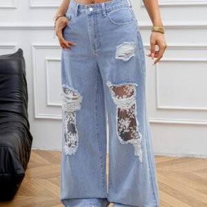 Lace Trim Wide Leg Jeans