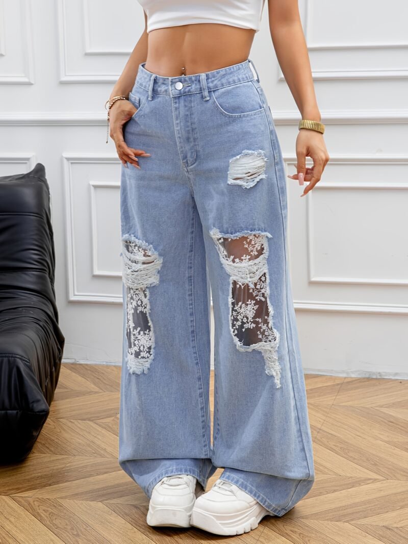 Lace Trim Wide Leg Jeans