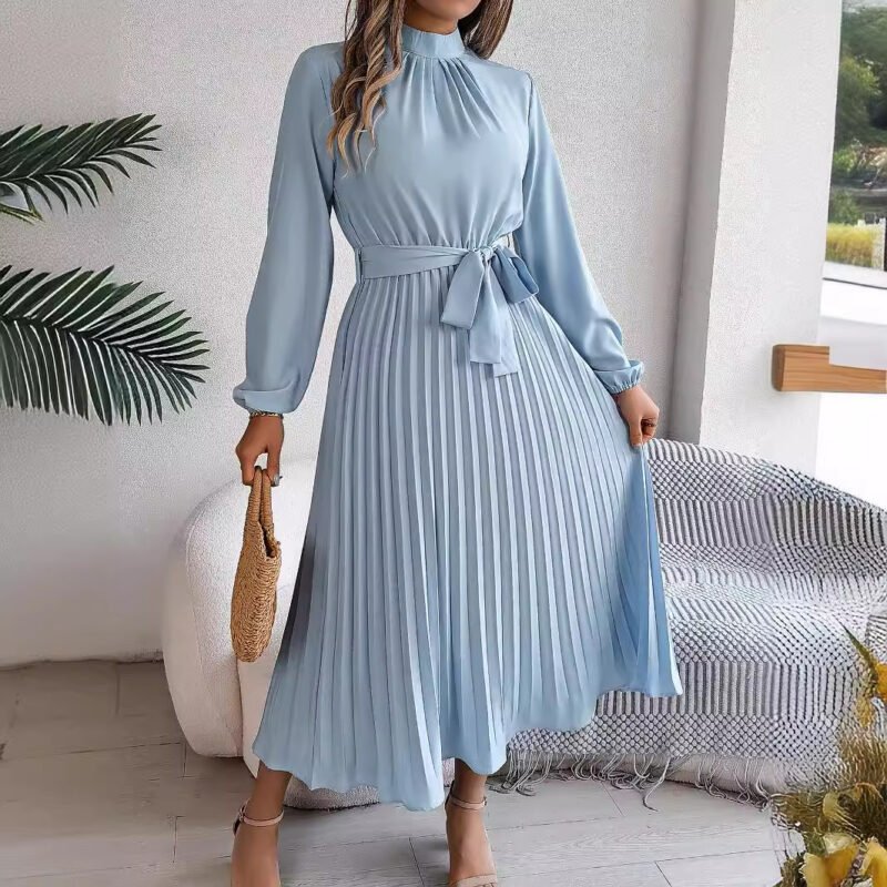 Belted Stand Collar Maxi Dress