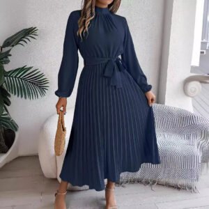Belted Stand Collar Maxi Dress