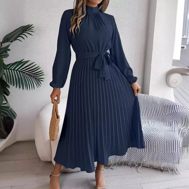 Belted Stand Collar Maxi Dress