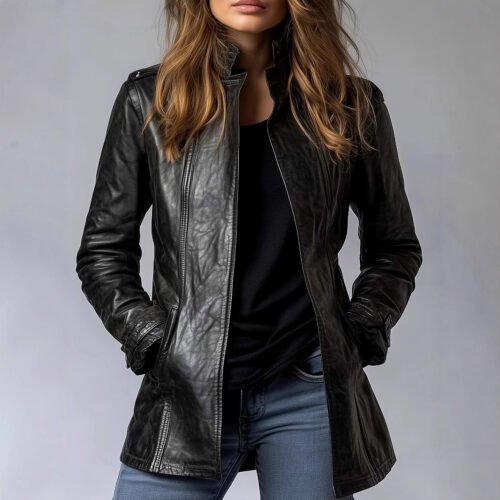 Stand Collar Faux Leather Jacket