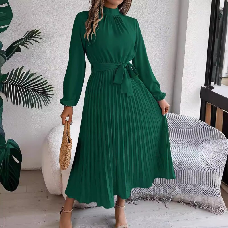 Belted Stand Collar Maxi Dress