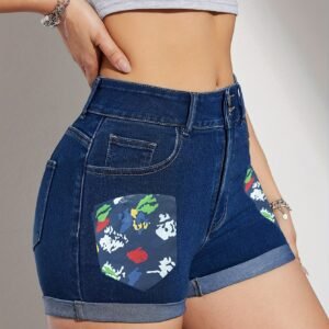 Graphic Print Denim Shorts
