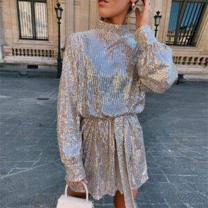 Sequin Tie-Neck Mini Dress
