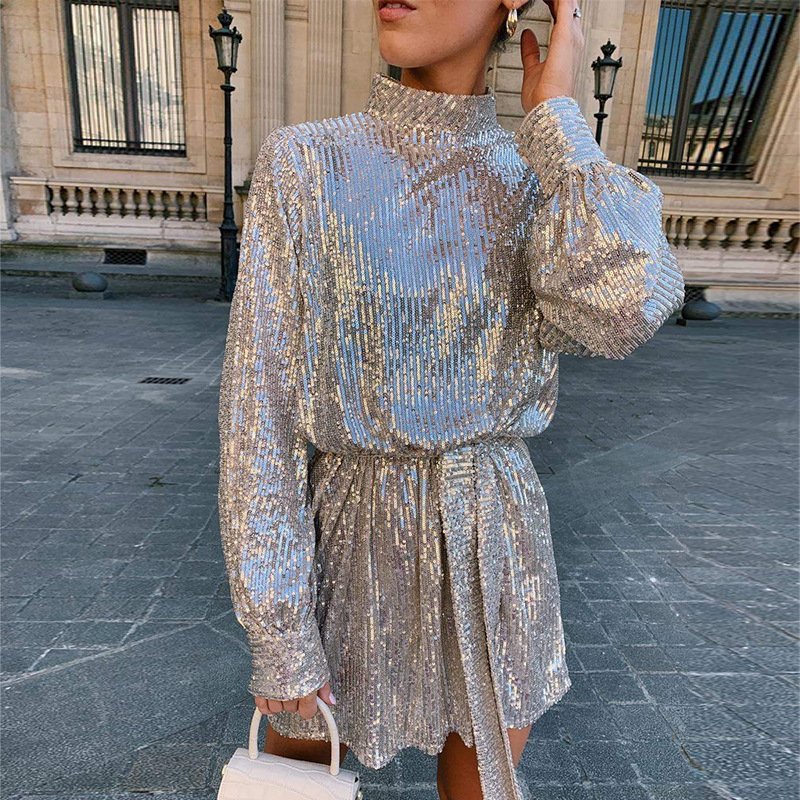 Sequin Tie-Neck Mini Dress