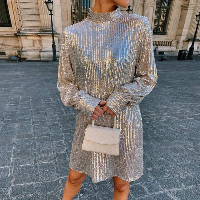 Sequin Tie-Neck Mini Dress