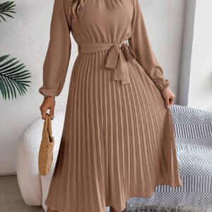 Belted Stand Collar Maxi Dress