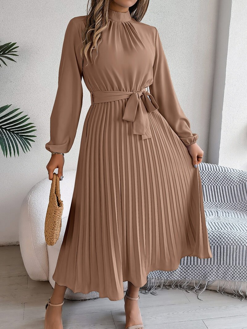 Belted Stand Collar Maxi Dress