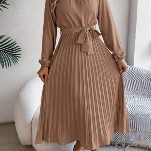 Belted Stand Collar Maxi Dress