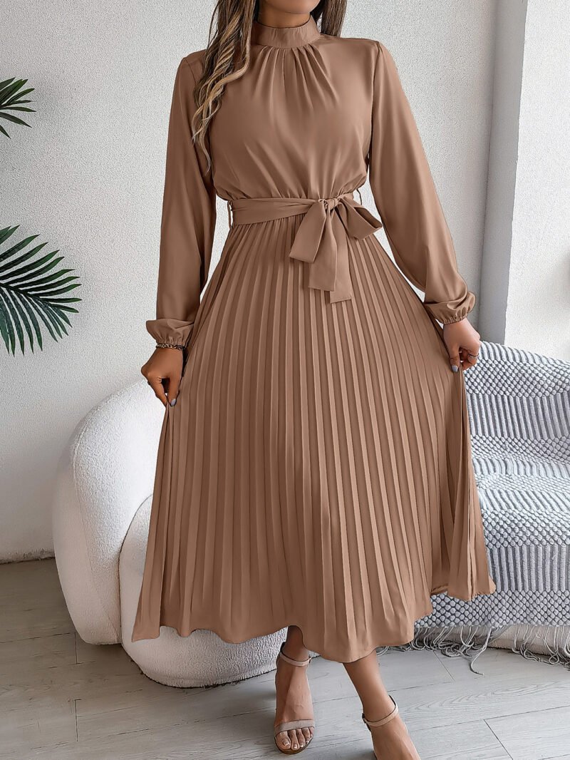 Belted Stand Collar Maxi Dress