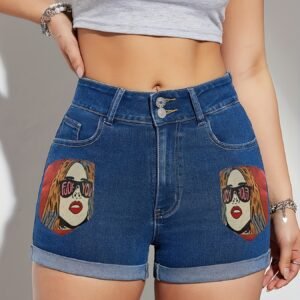 Graphic Print Denim Shorts