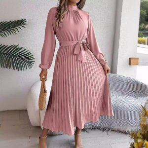 Belted Stand Collar Maxi Dress