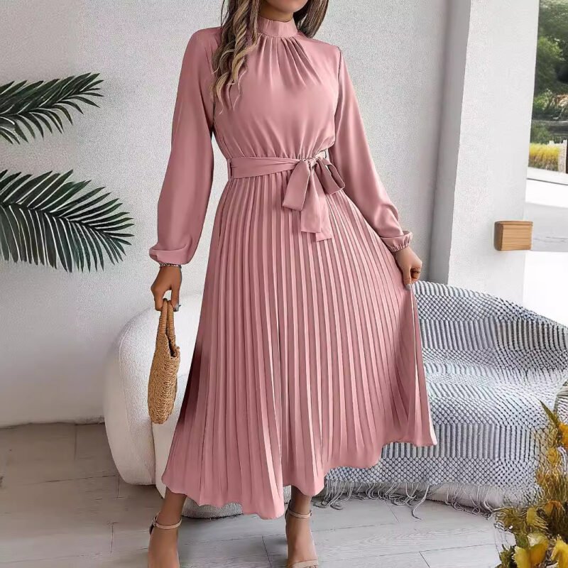 Belted Stand Collar Maxi Dress