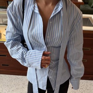 O1CN01yrloxC2KYCh3V1SXW_2212760969568-0-cib.jpg Striped Tie Neck Blouse