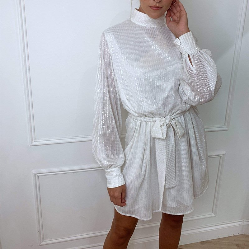Sequin Tie-Neck Mini Dress